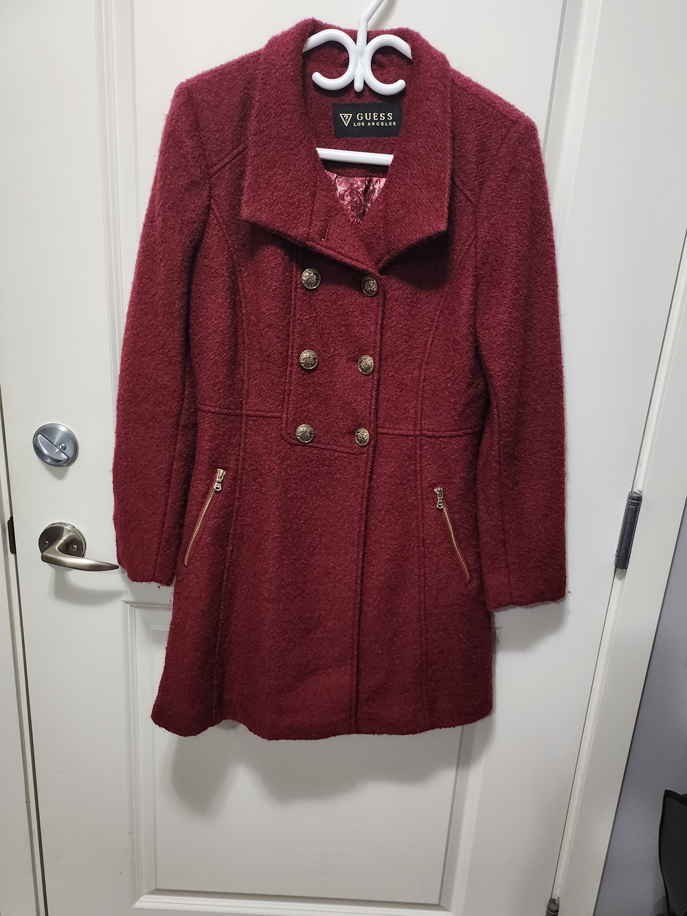 GUESS NWOT Women's Double-Breasted Wool Blend Coat in Burgundy